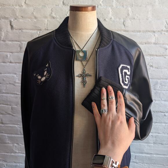 Y2K Vintage Wool Varsity Jacket Faux Leather Bomber Knit Utility Letterman Large - Picture 2 of 12